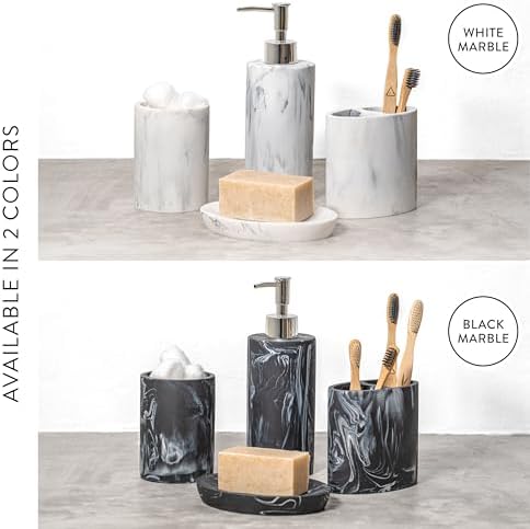 ZCCZ Bathroom Accessory Set, 4 Pcs Marble Look Bathroom Vanity Countertop Bathroom Décor Sets Accessories with Soap Dispenser, Toothbrush Holder Set, Tumbler, Soap Dish (White Marble Look Rounded)