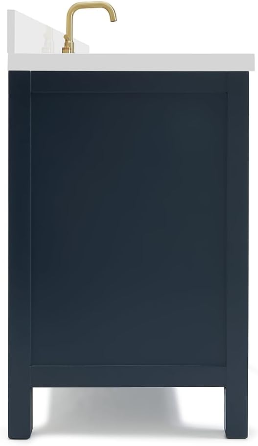 ARIEL Cambridge 60-inch Bathroom Vanity with Sink,Solid Wood, 1.5-inch Pure White Quartz Countertop, Single Rectangular Porcelain Sink, 2 Soft Closing Doors, 9 Dovetail Drawers, Midnight Blue