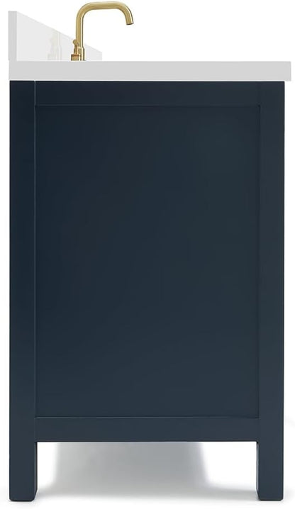 ARIEL Cambridge 60-inch Bathroom Vanity with Sink,Solid Wood, 1.5-inch Pure White Quartz Countertop, Single Rectangular Porcelain Sink, 2 Soft Closing Doors, 9 Dovetail Drawers, Midnight Blue