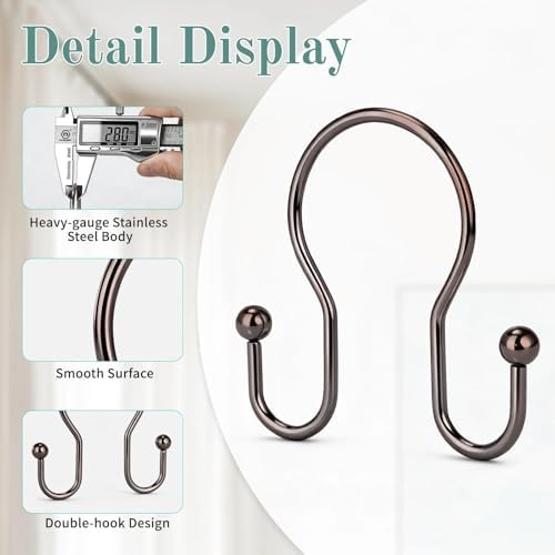 Goowin Shower Curtain Hooks, 12 Pcs Shower Curtain Rings, Stainless Steel Shower Curtain Hangers, Metal Shower Curtain Hooks Rings Rust Proof, Minimalist Shower Hooks for Shower Curtain, Bronze