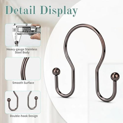 Goowin Shower Curtain Hooks, 12 Pcs Shower Curtain Rings, Stainless Steel Shower Curtain Hangers, Metal Shower Curtain Hooks Rings Rust Proof, Minimalist Shower Hooks for Shower Curtain, Bronze