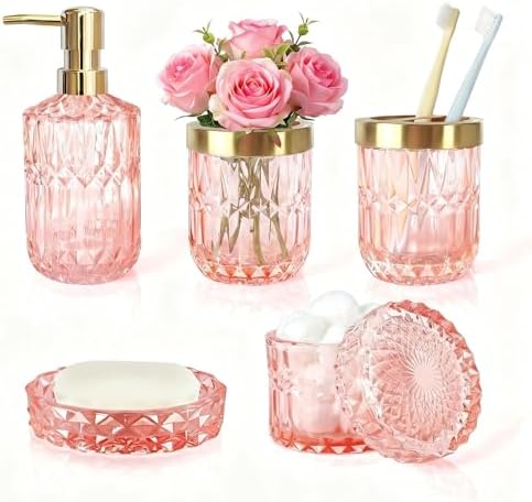 LaMarriti 5pcs Pink Bathroom Accessory Set, Clear Glass Bathroom Set, Soap Dispenser and Toothbrush Holder Set, Soap Dish, Tumbler, Qtips Holder for Crystal Modern Bathroom Decor, Set
