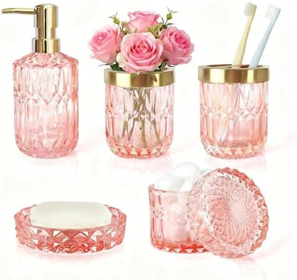 LaMarriti 5pcs Pink Bathroom Accessory Set, Clear Glass Bathroom Set, Soap Dispenser and Toothbrush Holder Set, Soap Dish, Tumbler, Qtips Holder for Crystal Modern Bathroom Decor, Set