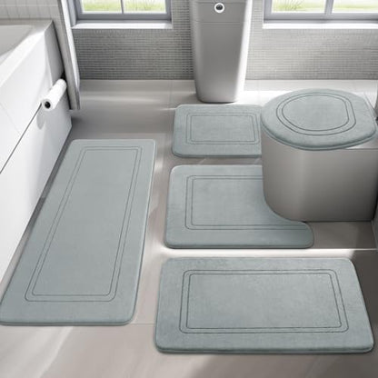 YIHOUSE Light Grey Memory Foam Bathroom Rug Set, 5 Piece Absorbent NonSlip Bath Mat for Bathroom, Washable Dry Quickly
