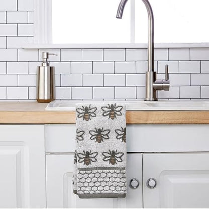 SKL Home Honey Bee Hand Towel Set-2pc, 100% Cotton Jacquard, White/Gray