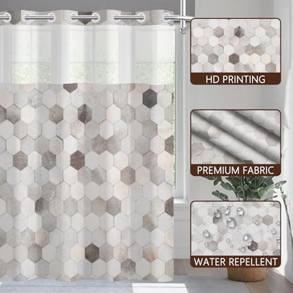 No Hook Geometric Shower Curtain with Snap in Liner 71x74 Inch