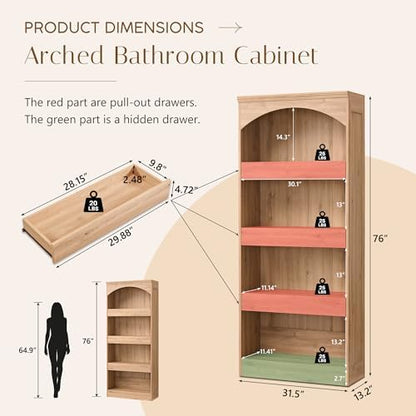 IFBUY 76" Tall 3 Drawers Arched Bathroom Storage Cabinet, Natural