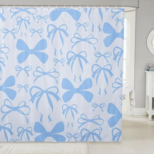 jejeloiu Cute Bowknot Shower Curtain for Bathroom Decor 72"x78" Blue Girls Bow Bath Curtain Kawaii Bathroom Accessories Waterproof Polyester Fabric with 12 Hooks for Stalls Bathtubs Princess Decor