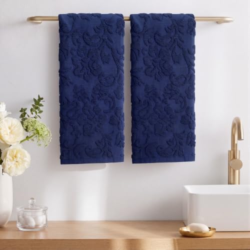 SmoothNovelty 2 Pcs Navy Blue Floral Jacquard Hand Towels for Bathroom