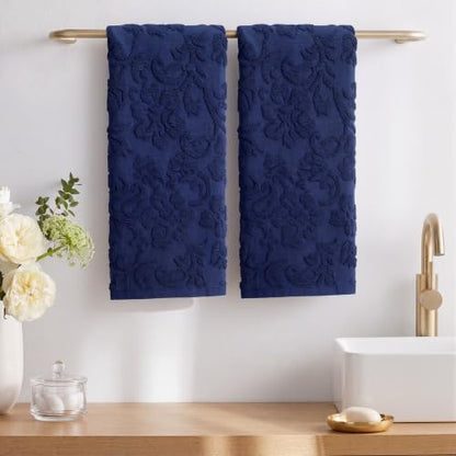 SmoothNovelty 2 Pcs Navy Blue Floral Jacquard Hand Towels for Bathroom