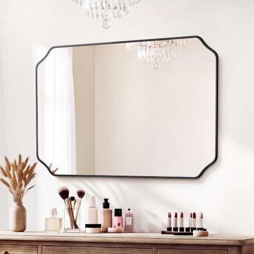 Vanity Bathroom Mirror, 40" x 30" Black Scalloped Mirror for Wall