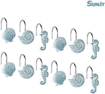 Sunlit Seashells Decorative Shower Curtain Hooks, Aqua Blue Ocean Creatures Coastal Shower Curtain Rings, Resin, Nautical Bathroom Decoration Beach Hooks-12 Pack