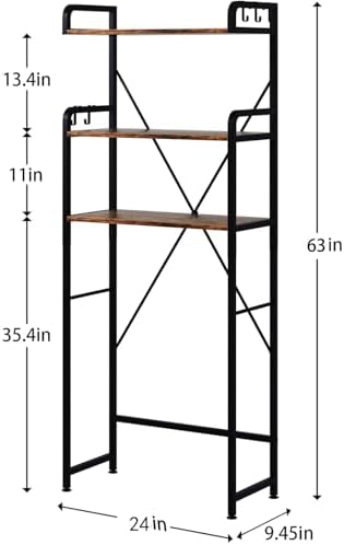 Huhote Over The Toilet Storage Rack with 3-Tier Bathroom Shelves, Space Saver Toilet Shelf, Bathroom Storage Organizer with Hooks for Over Toilet Storage and Shelf (Rustic Brown)