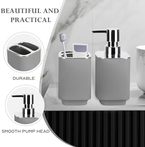 Grey Bathroom Accessories 2 Pcs, Soap Dispenser and Toothbrush Holder Set