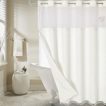 MitoVilla No Hooks Required Farmhouse Shower Curtain with Snap-in Liner - with Window & Magnets, Boho Cotton Linen Fabric Shower Curtains with Tassels for Rustic Bathroom Decor, Ivory, 72 x 74
