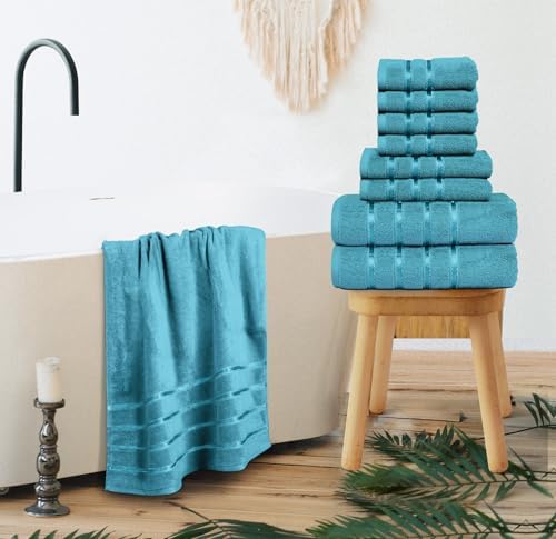 Luxury Towel Sets for Bathroom Set of 8-600 GSM 100% Cotton Ring Spun, Viscose Border Towels Bathroom Sets - Turquoise