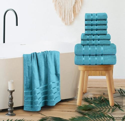 Luxury Towel Sets for Bathroom Set of 8-600 GSM 100% Cotton Ring Spun, Viscose Border Towels Bathroom Sets - Turquoise