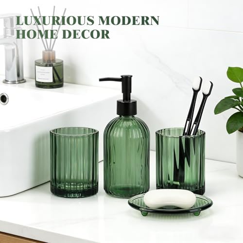 Bathroom Accessories Set, 4Pcs Glass Bathroom Accessories Sets Complete Lotion Soap Dispenser, Toothbrush Holder, Mouthwash Cup, Soap Dish for Bathroom Decor, Countertop Organizer (Green)