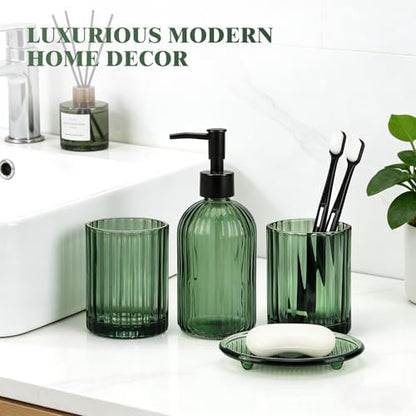 Bathroom Accessories Set, 4Pcs Glass Bathroom Accessories Sets Complete Lotion Soap Dispenser, Toothbrush Holder, Mouthwash Cup, Soap Dish for Bathroom Decor, Countertop Organizer (Green)