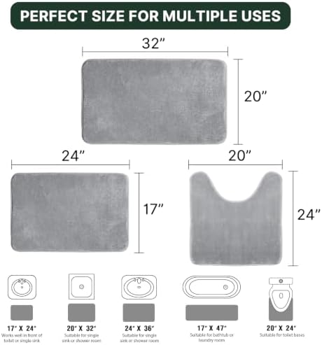 H.VERSAILTEX Bath Mat Memory Foam Set Bathroom Rug Set Flannel Velvety Extra Soft and Absorbent Non Slip Rugs for Bathroom/Bedroom Washable(20"x 32" + 17"x 24" + 20"x 24"U-Shaped, Grey)