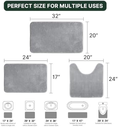 H.VERSAILTEX Bath Mat Memory Foam Set Bathroom Rug Set Flannel Velvety Extra Soft and Absorbent Non Slip Rugs for Bathroom/Bedroom Washable(20"x 32" + 17"x 24" + 20"x 24"U-Shaped, Grey)