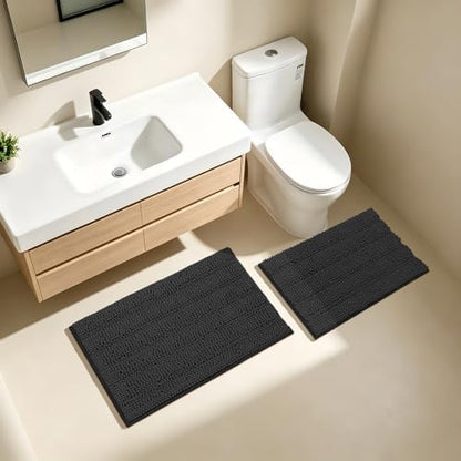 Bcoimo Bath Rug Mat Set, 2 Piece High Absorbent Chenille Bathroom Mat Black