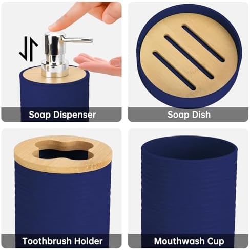 RRM 4 Piece Bamboo Bathroom Accessories Set, Boho Bathroom Decor, Navy Blue