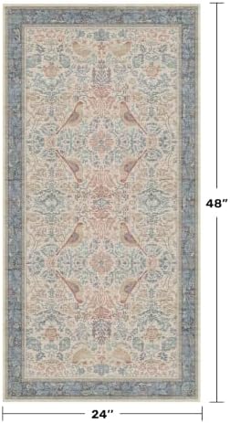 Vintage Boho 2x4 Area Rug for Entryway - Washable Blush Red Slate Blue Kitchen Rug for the Floor, Low Pile Non-Slip Rugs for Bathroom, Floral Bird Pattern Decor & Stain Resistance