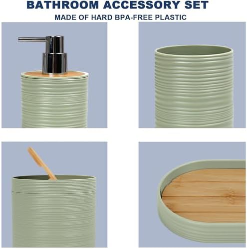 CERBIOR Bamboo Bathroom Accessories Set 6 Piece Spiral Bath Ensemble,Green