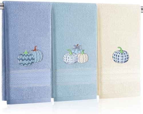 FuWeave 3 Pcs Blue White Fall Pumpkin Hand Towels for Bathroom