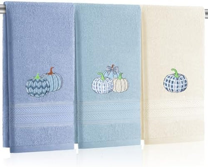FuWeave 3 Pcs Blue White Fall Pumpkin Hand Towels for Bathroom