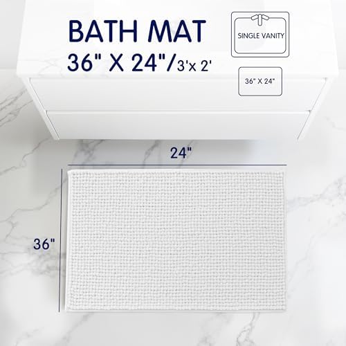 SUBRTEX Bathroom Rugs, 24" x 36" Chenille Bath Rug Soft Short Plush Bath Mat Soft Shower Mat Water Absorbent Shower Mat Quick Dry Machine Washable, White