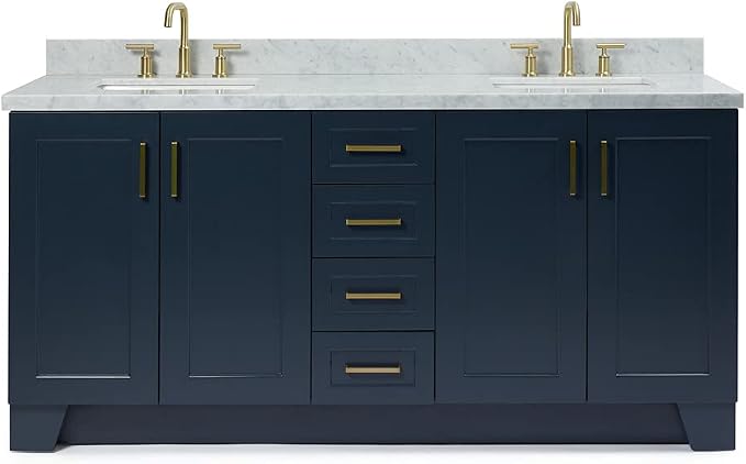 ARIEL Taylor 72-inch Bathroom Vanity with Sink,Solid Wood, 1.5-inch Italian Carrara Marble Countertop, Double Rectangular Porcelain Sink, 4 Soft Closing Doors, 6 Dovetail Drawers, Midnight Blue