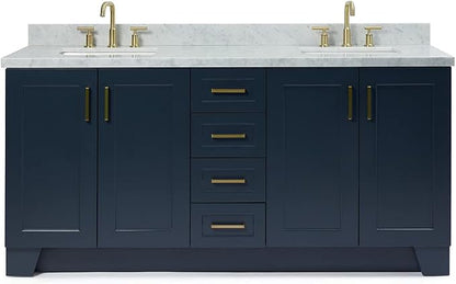 ARIEL Taylor 72-inch Bathroom Vanity with Sink,Solid Wood, 1.5-inch Italian Carrara Marble Countertop, Double Rectangular Porcelain Sink, 4 Soft Closing Doors, 6 Dovetail Drawers, Midnight Blue