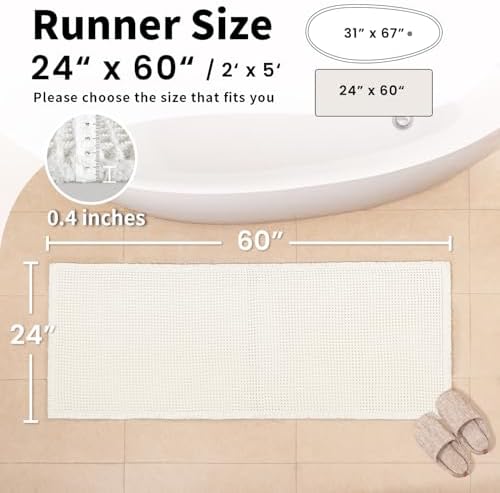 Long White Bathroom Rug, Waffle Bath Mat Runner Non Slip, 24 x 60