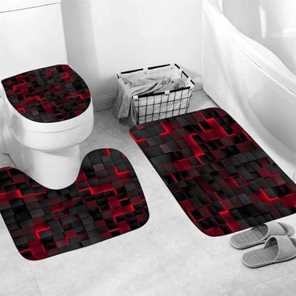 LQCOOL 4Pcs Shower Curtain Set with Rugs, Modern Bathroom Set Black Red