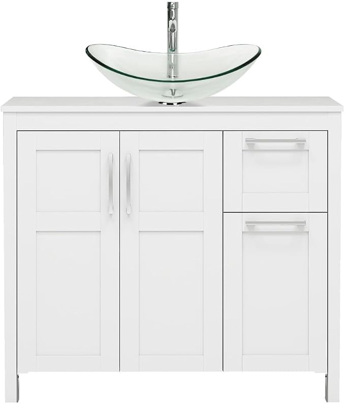 YOURLITE 36 Inches Traditional Bathroom Vanity Set with Single Faucet Hole, Clear Boat Glass Sink, White Finish, 2-Door Cabinet