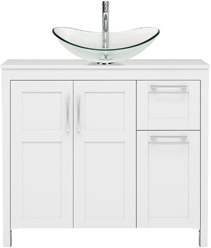 YOURLITE 36 Inches Traditional Bathroom Vanity Set with Single Faucet Hole, Clear Boat Glass Sink, White Finish, 2-Door Cabinet