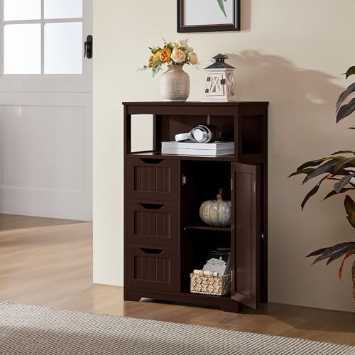 Yaheetech Freestanding Bathroom Storage Cabinet with 3 Drawers, Espresso