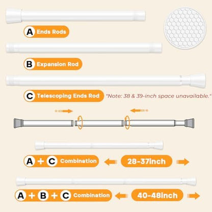 Tension Curtain Rod 28 to 48 Inches, White Tension Rod Adjustable Curtain Rod Non-Slip Shower Curtain Rod No Drill Shower Rod Spring Tension Shower Curtain Rod Bathroom Curtain Rod
