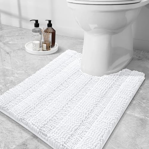 Grandaily Chenille Striped Toilet Rugs U-Shaped 24x20, Extra Soft and Absorbent Bathroom Rugs, Non-Slip Plush Shaggy Bath Rug, Machine Washable Contour Bath Mats for Toilet Base, White