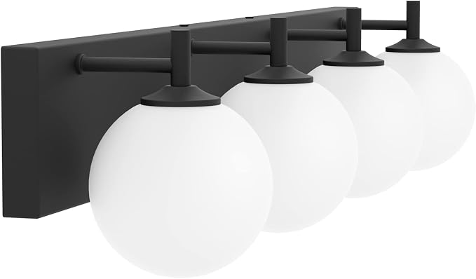 Aipsun Bathroom Light Fixtures, 4 Lights Matte Black Vanity Light, Modern Wall Sconces Lighting, Modern Bath Wall Mounted Lights with Milky Glass Globe(Exclude Bulb)