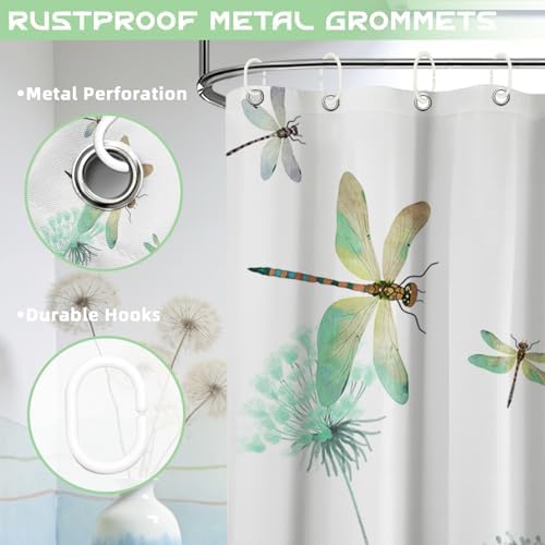 Mint Green Dandelion Shower Curtain Spring Dragonfly Teal White Watercolor Shower Curtains for Bathroom Decor, Waterproof Cloth Fabric with Hooks 70" Wx72 L