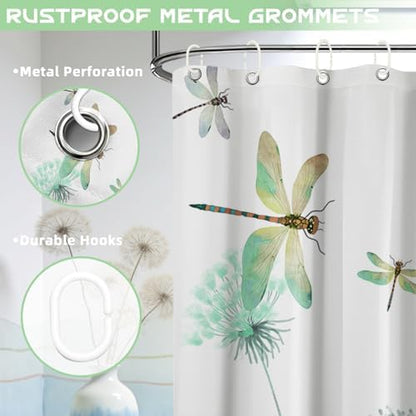 Mint Green Dandelion Shower Curtain Spring Dragonfly Teal White Watercolor Shower Curtains for Bathroom Decor, Waterproof Cloth Fabric with Hooks 70" Wx72 L