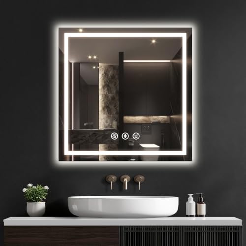 30"x30" LED Bathroom Mirror with Anti-Fog, Backlit & Front Lights, Memory