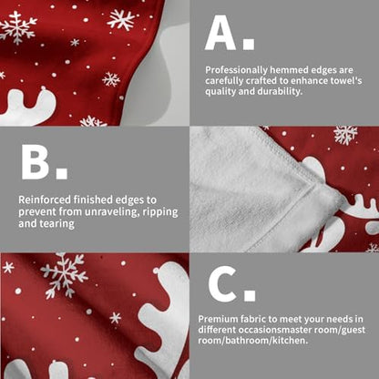 Christmas Reindeer Hand Towels Set of 2, 28x14 Inch Funny Xmas Deer Snowflakes Red Soft Absorbent Tea Towel Washcloths for Kitchen Bathroom Winter Holiday Home Decor and Gifts