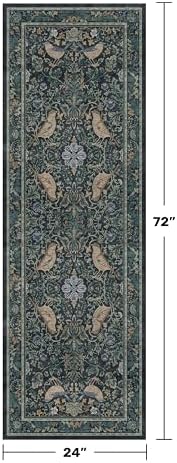 Botanical Bird 2x6 Entryway Rugs Indoor, Machine Washable Runner Rugs for Hallway, Blue and Teal Non Slip Mat for Bathroom, Bedroom Beside Bed, Kitchen, Stain Resistant Forest Green Décor