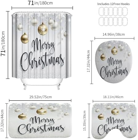 Onalasyc 4-Piece Christmas Shower Curtain Set,Golden Silver Xmas Ball Snowflake Holiday Waterproof Fabric Bathroom Shower Curtain Sets with Rugs,Cortina de baño de Navidad,with 12 Pcs Hooks