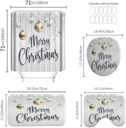 Onalasyc 4-Piece Christmas Shower Curtain Set,Golden Silver Xmas Ball Snowflake Holiday Waterproof Fabric Bathroom Shower Curtain Sets with Rugs,Cortina de baño de Navidad,with 12 Pcs Hooks