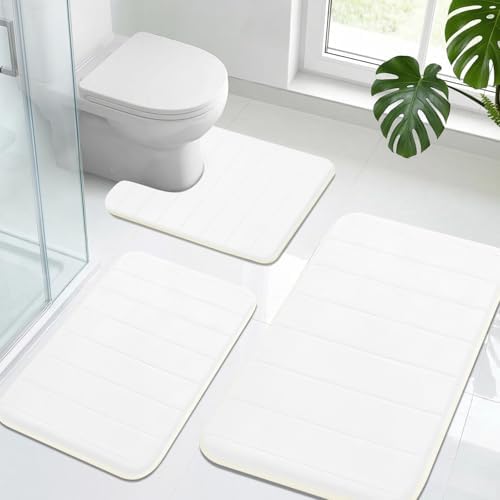 Neween Bathroom Rugs Set 3 Piece, Absorbent Memory Foam Bath Mat, White